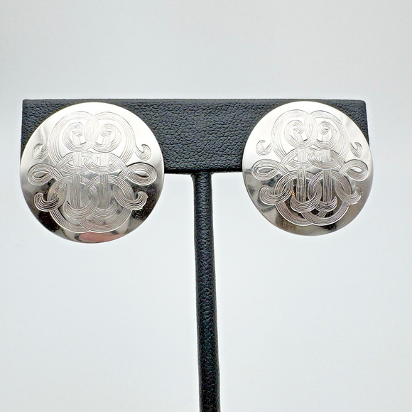 Vintage Monet Etched Silver Tone Button Earrings Clip On Scrollwork Classic 80s - Picture 1 of 7